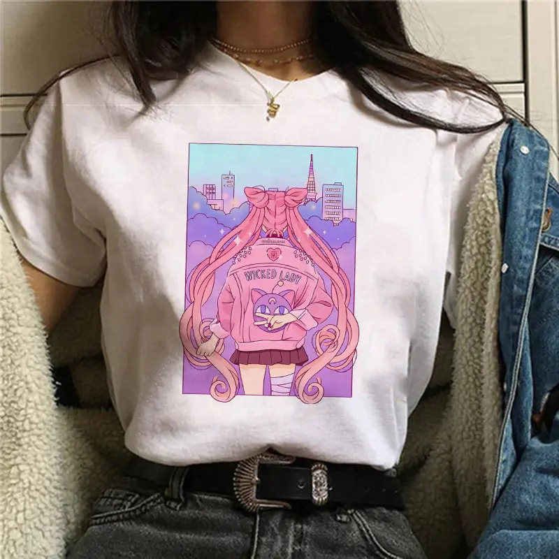Women Sailor Moon Printed T-Shirt White Short Sleeve