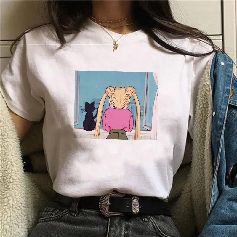 Women Sailor Moon Printed T-Shirt White Short Sleeve