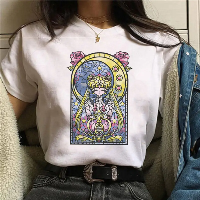 Women Sailor Moon Printed T-Shirt White Short Sleeve