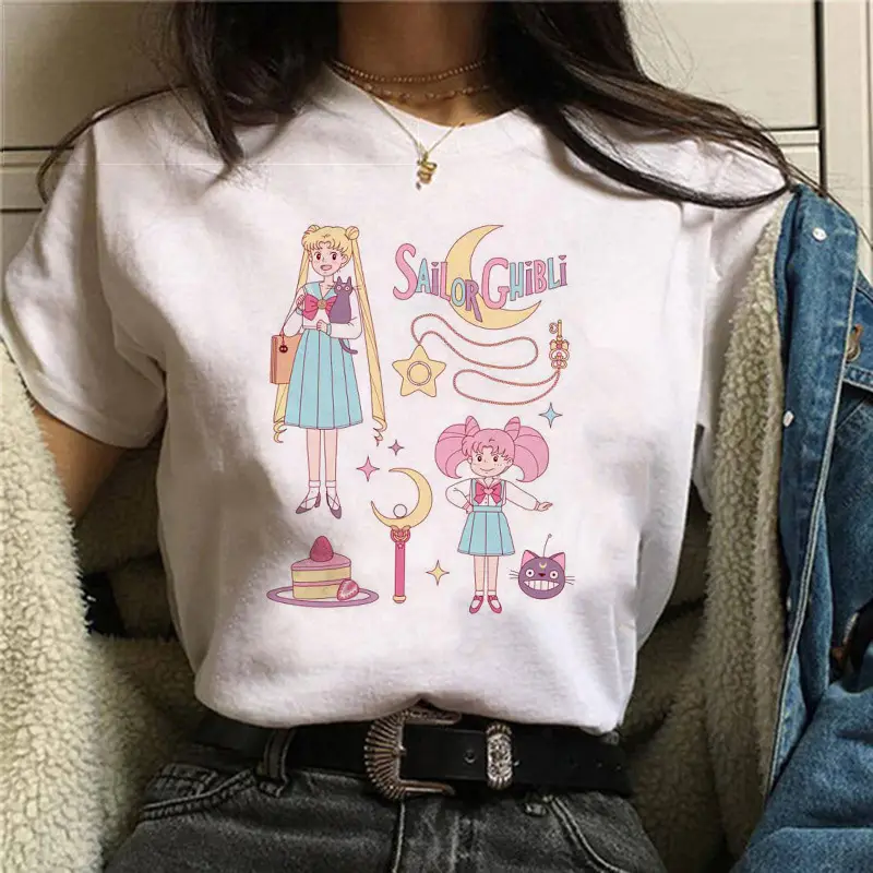 Women Sailor Moon Printed T-Shirt White Short Sleeve