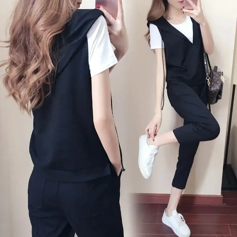 Women's 3-Piece Black Vest & Cropped Pants Set