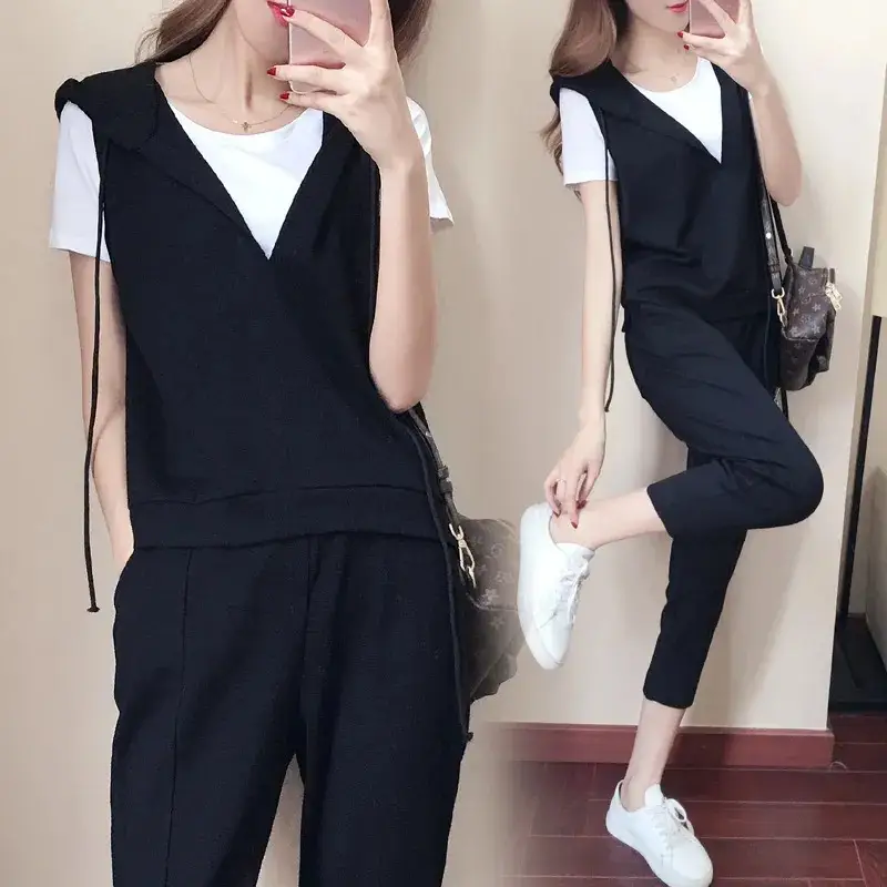 Women's 3-Piece Black Vest & Cropped Pants Set