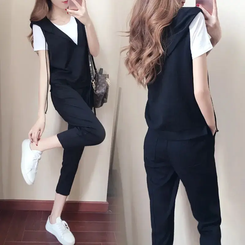 Women's 3-Piece Black Vest & Cropped Pants Set