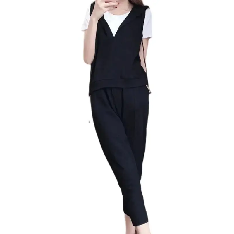 Women's 3-Piece Black Vest & Cropped Pants Set