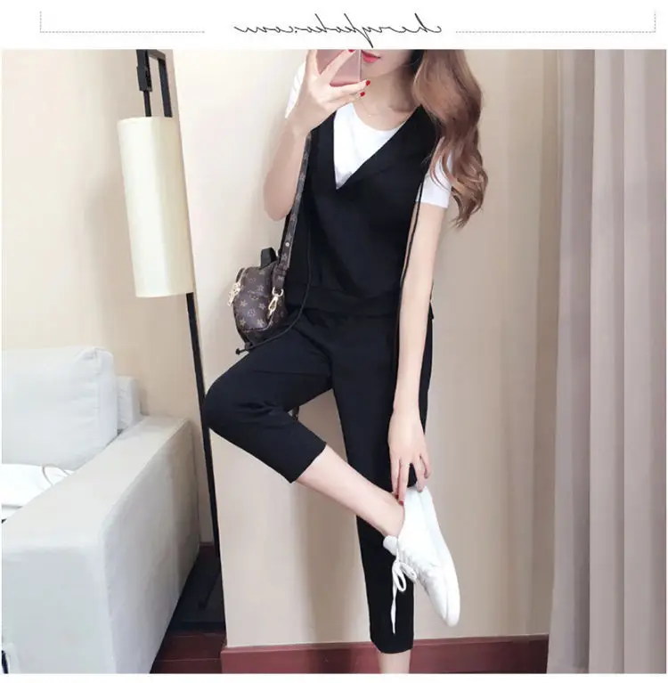Women's 3-Piece Black Vest & Cropped Pants Set — feature 8