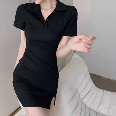 Women Black Polo Neck Slimming Short Skirt Set