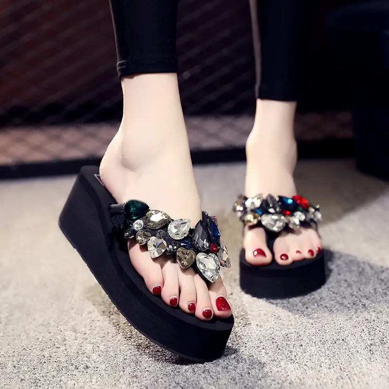 Women's Red Heel Wedge Slippers with Rhinestone Decor - Image 2