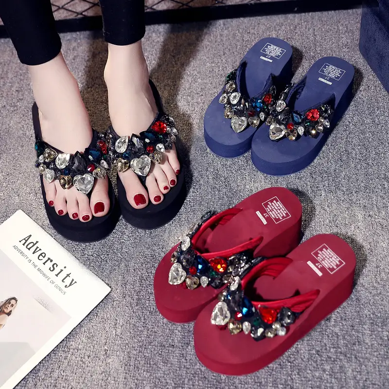 Women's Red Heel Wedge Slippers with Rhinestone Decor - Image 7