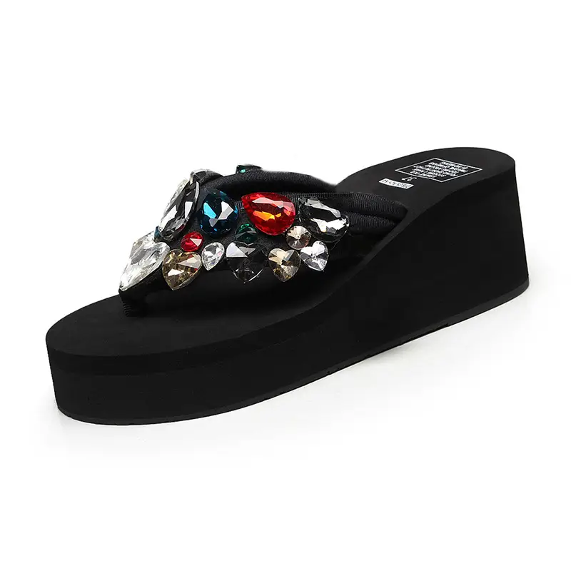 Women's Red Heel Wedge Slippers with Rhinestone Decor - Image 8