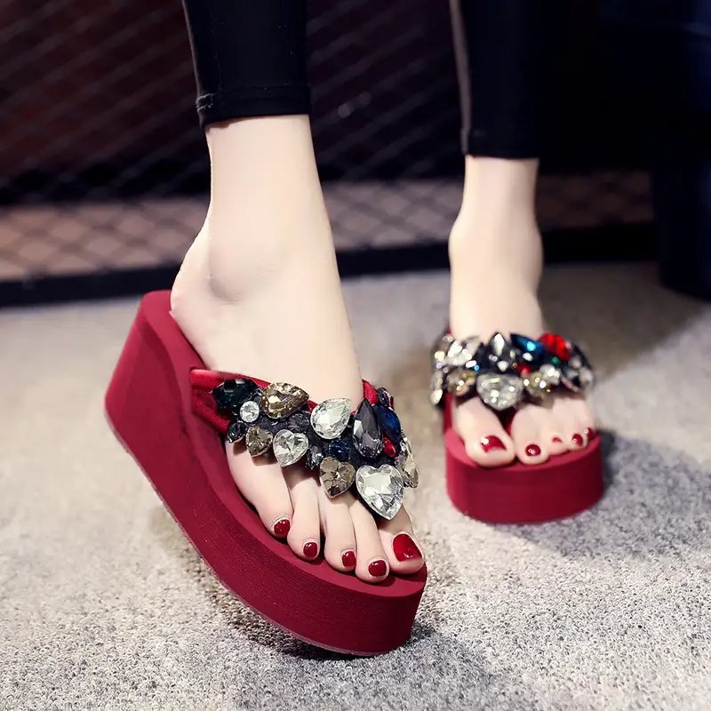 Women's Red Heel Wedge Slippers with Rhinestone Decor