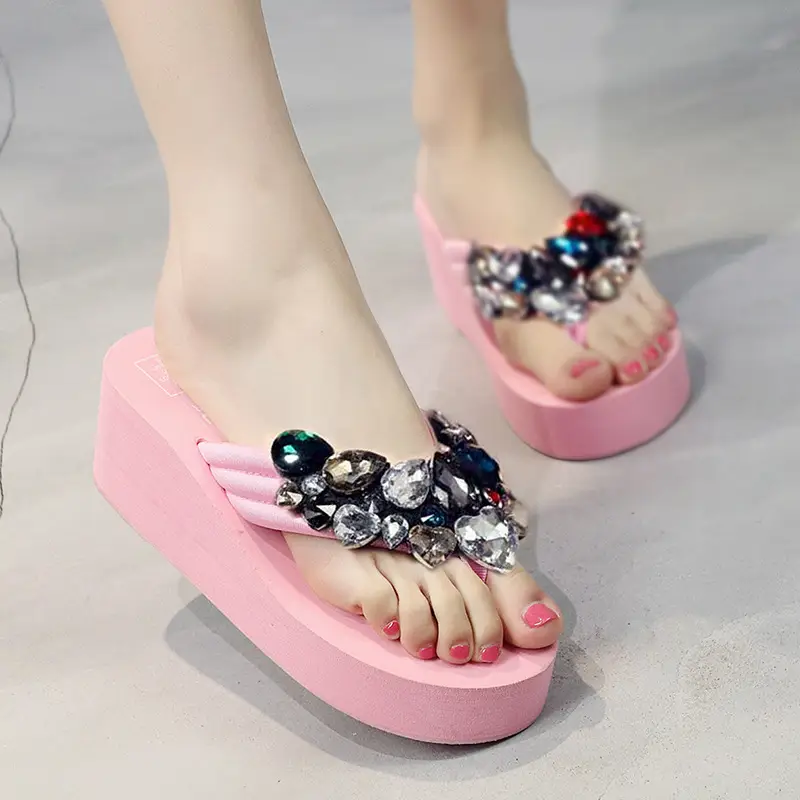 Women's Red Heel Wedge Slippers with Rhinestone Decor - Image 4