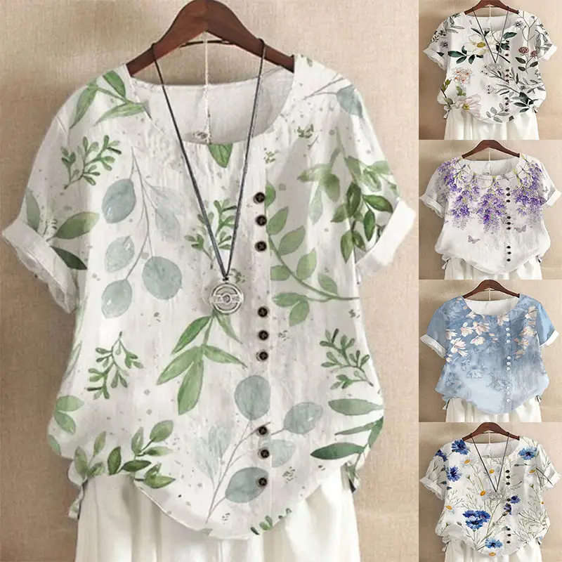 Women Vintage Floral Printed T-Shirt White Short Sleeve - Image 13