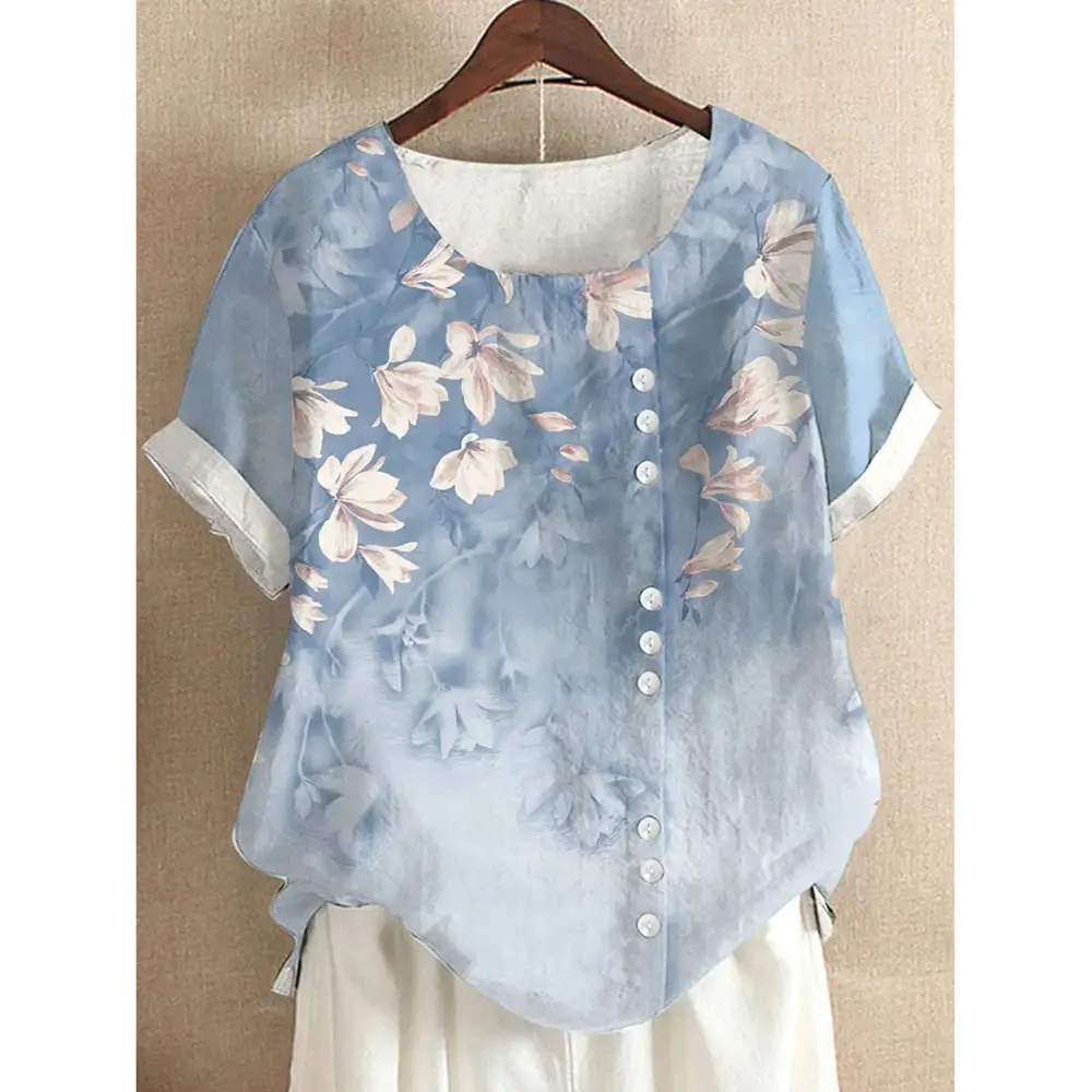 Women Vintage Floral Printed T-Shirt White Short Sleeve - Image 14