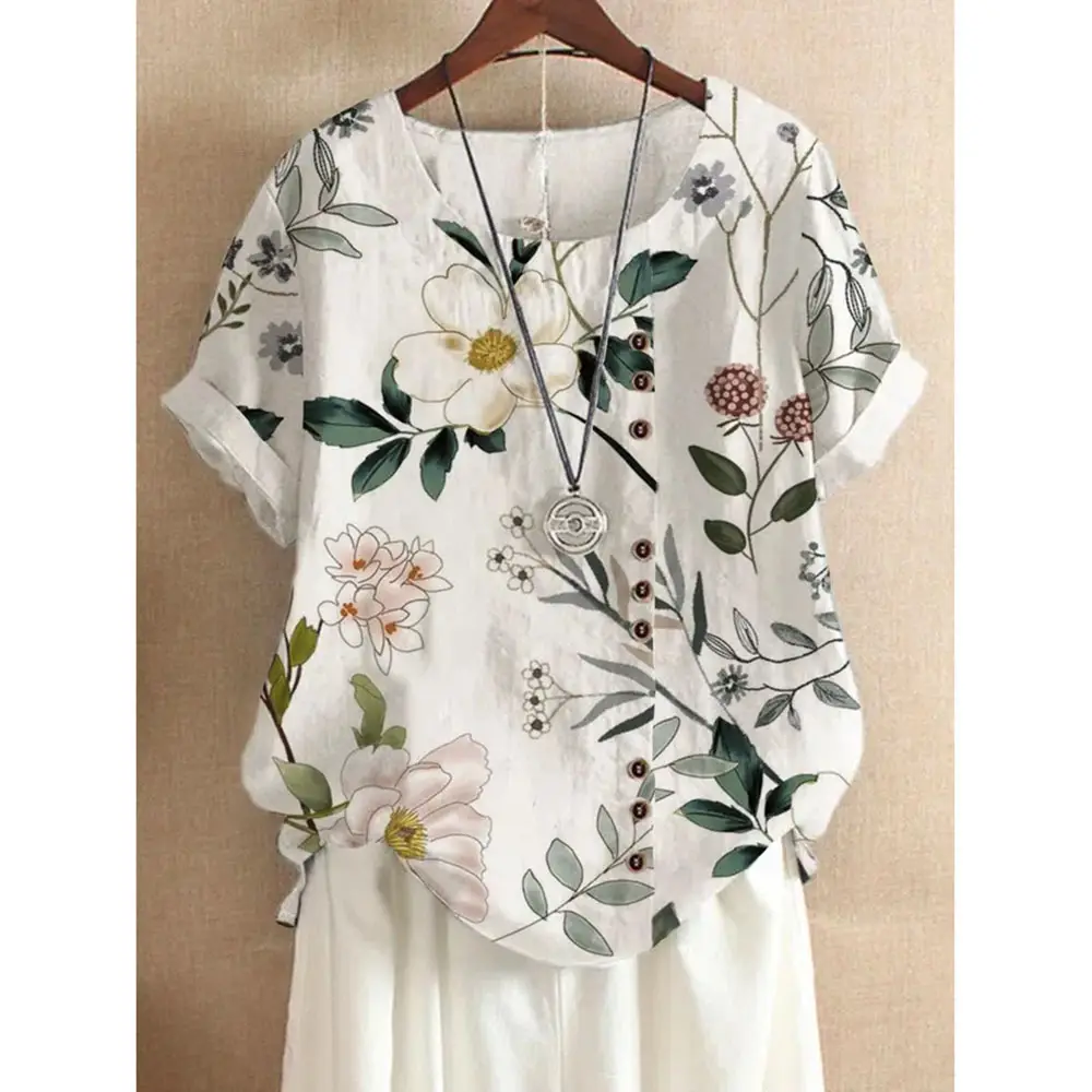 Women Vintage Floral Printed T-Shirt White Short Sleeve - Image 15
