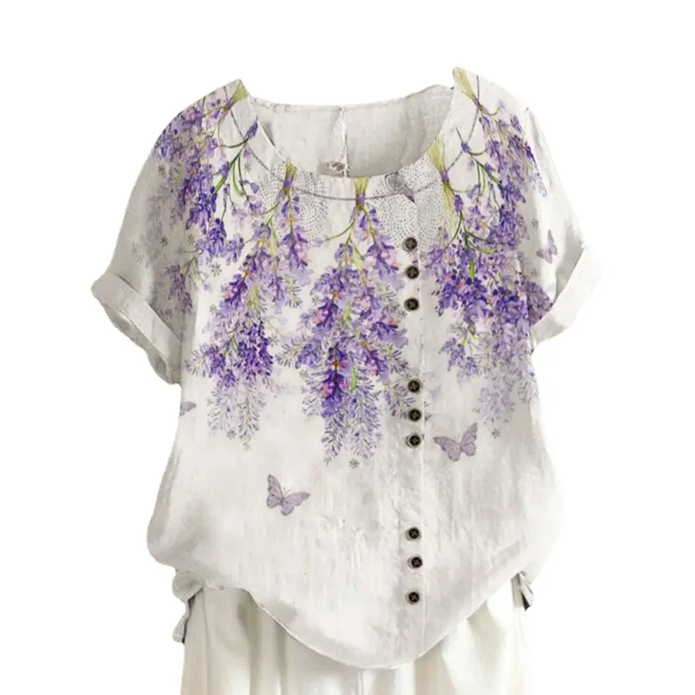 Women Vintage Floral Printed T-Shirt White Short Sleeve - Image 16