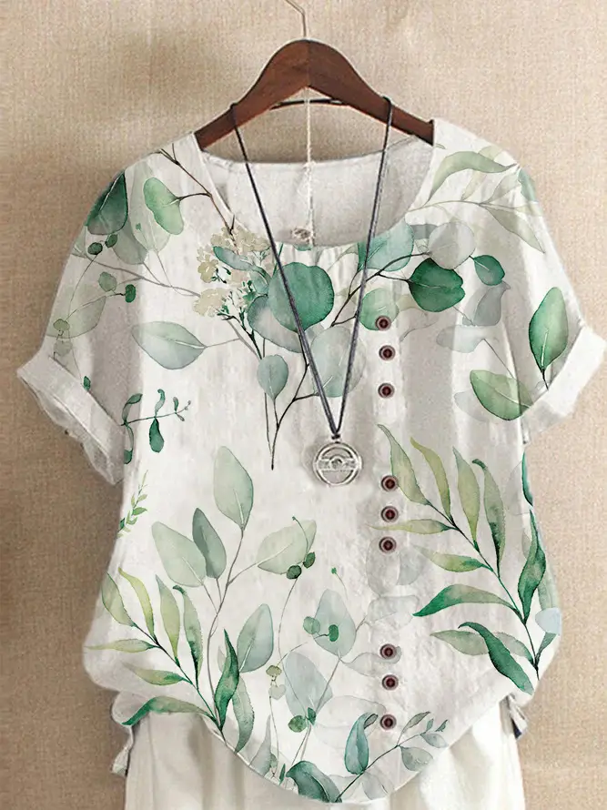 Women Vintage Floral Printed T-Shirt White Short Sleeve - Image 10