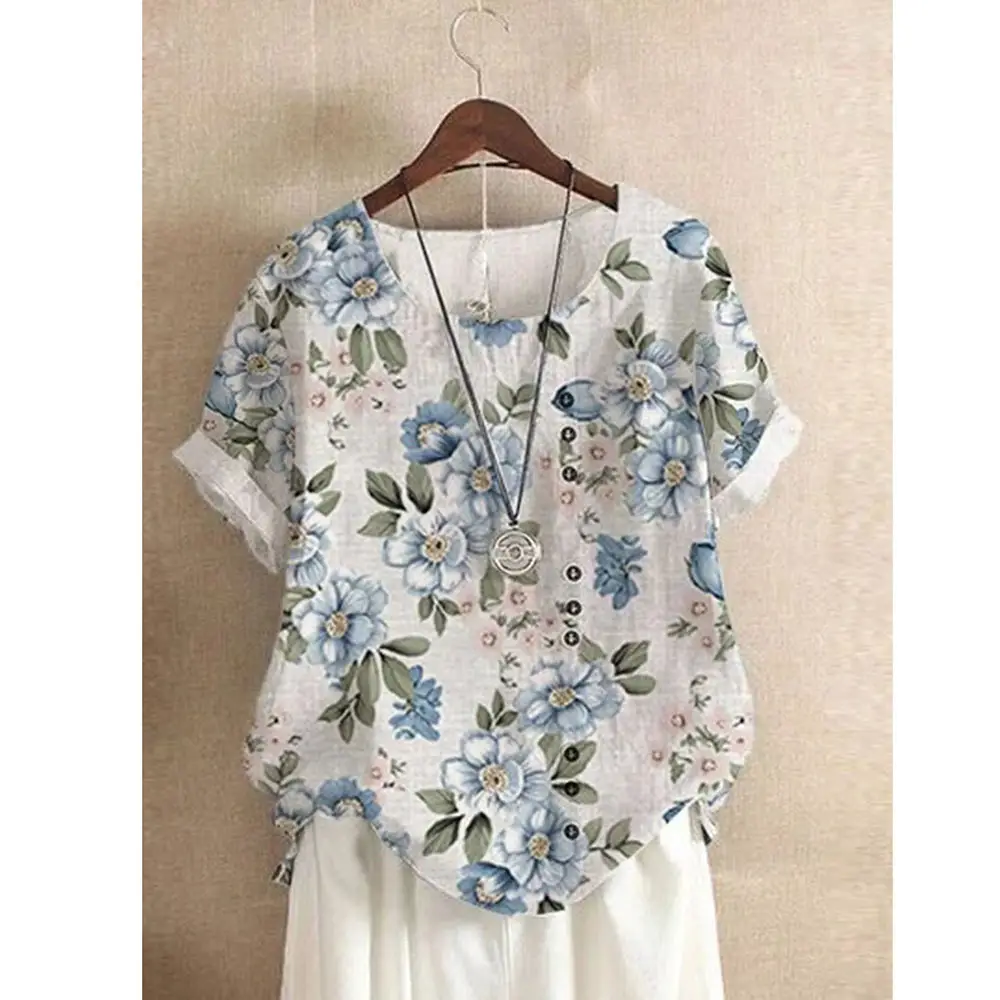 Women Vintage Floral Printed T-Shirt White Short Sleeve - Image 2
