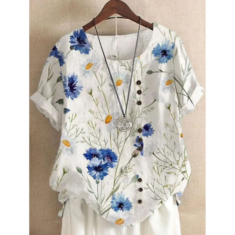 Women Vintage Floral Printed T-Shirt White Short Sleeve - Image 3