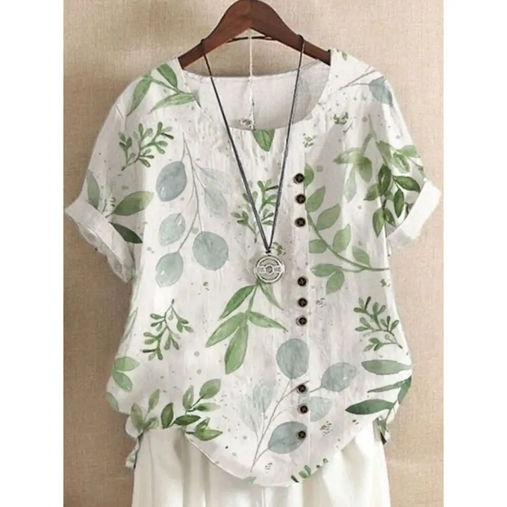 Women Vintage Floral Printed T-Shirt White Short Sleeve - Image 4