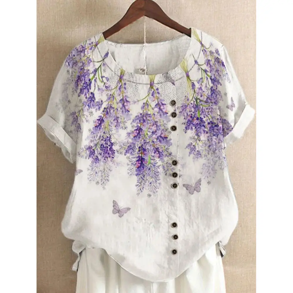 Women Vintage Floral Printed T-Shirt White Short Sleeve - Image 6