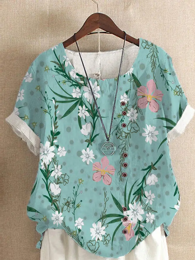 Women Vintage Floral Printed T-Shirt White Short Sleeve - Image 7