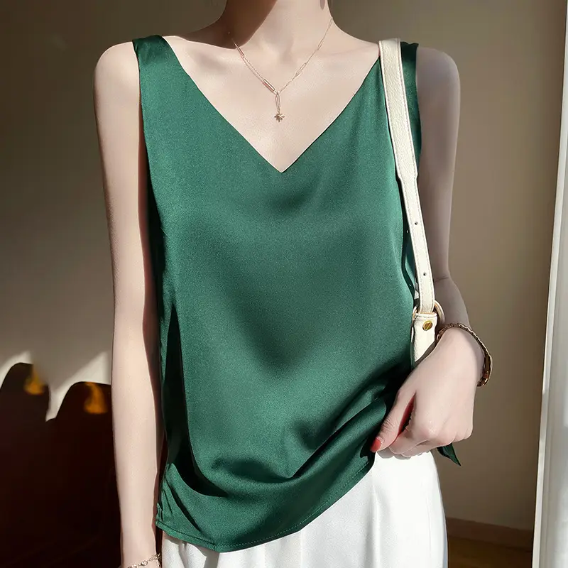 Green V-Neck Camisole with Double Shoulder Strap Acetic Satin - Image 14