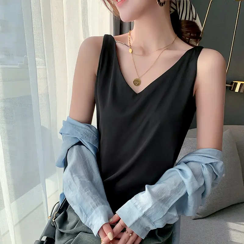 Green V-Neck Camisole with Double Shoulder Strap Acetic Satin - Image 15