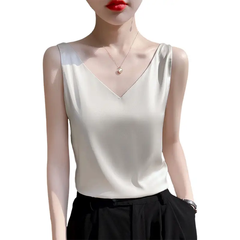 Green V-Neck Camisole with Double Shoulder Strap Acetic Satin - Image 17