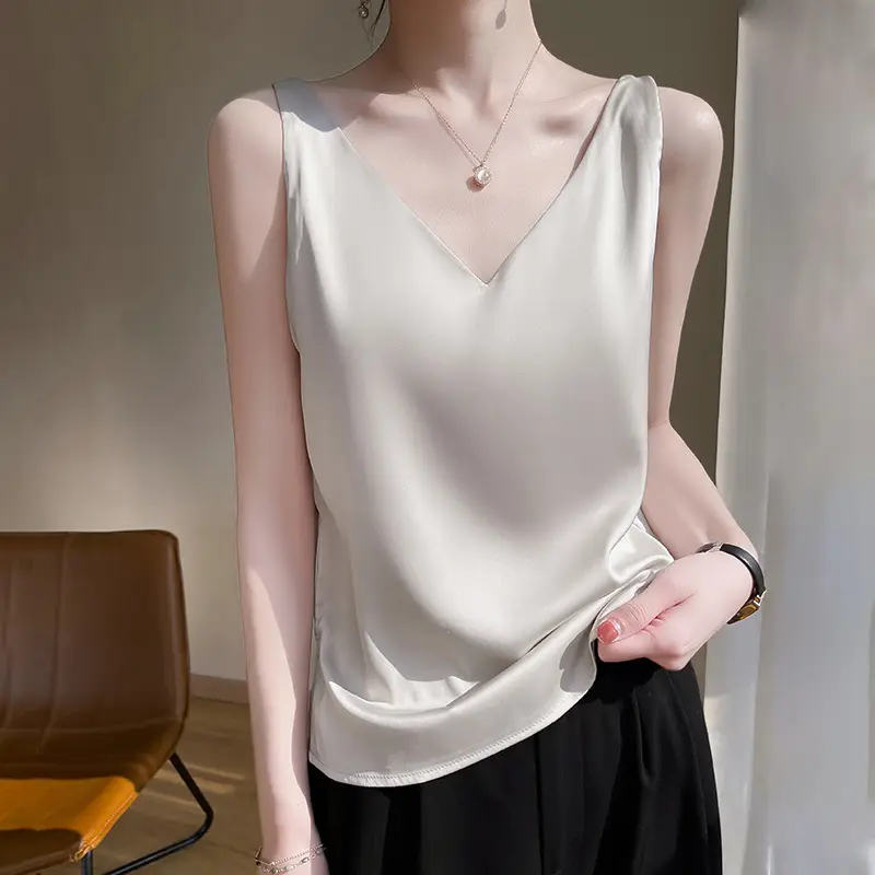 Green V-Neck Camisole with Double Shoulder Strap Acetic Satin - Image 10