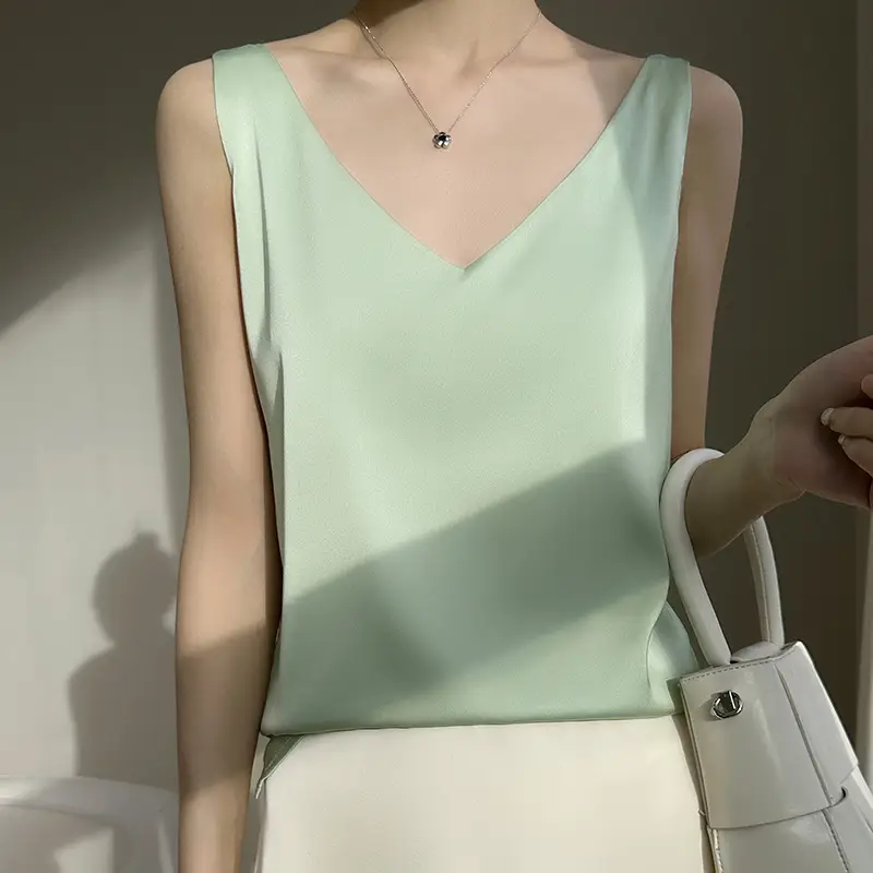 Green V-Neck Camisole with Double Shoulder Strap Acetic Satin - Image 11