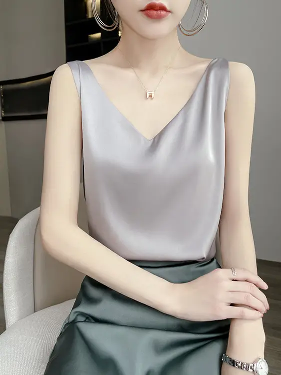 Green V-Neck Camisole with Double Shoulder Strap Acetic Satin - Image 2