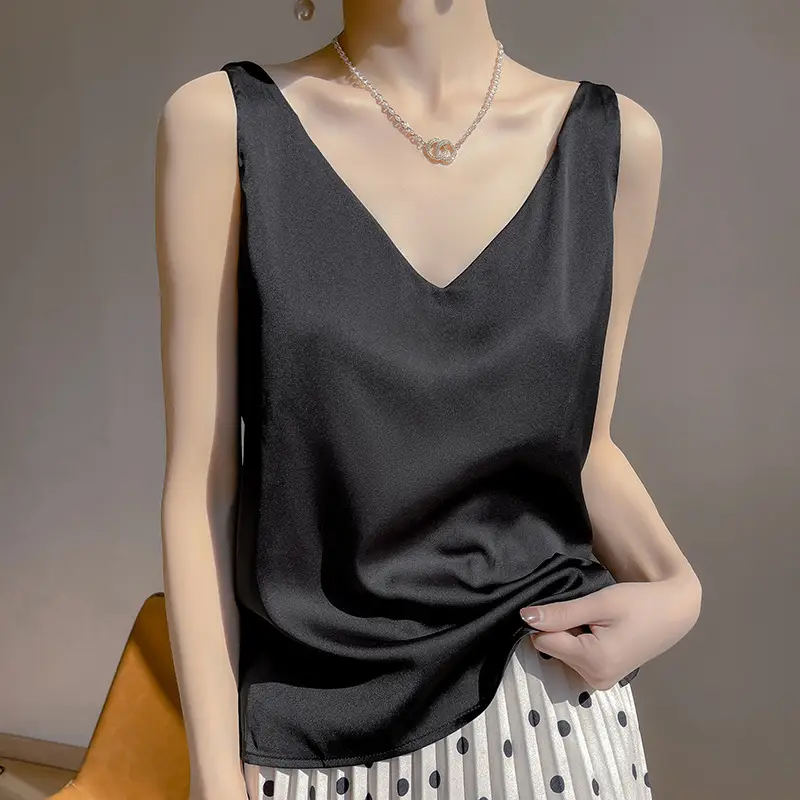 Green V-Neck Camisole with Double Shoulder Strap Acetic Satin - Image 3