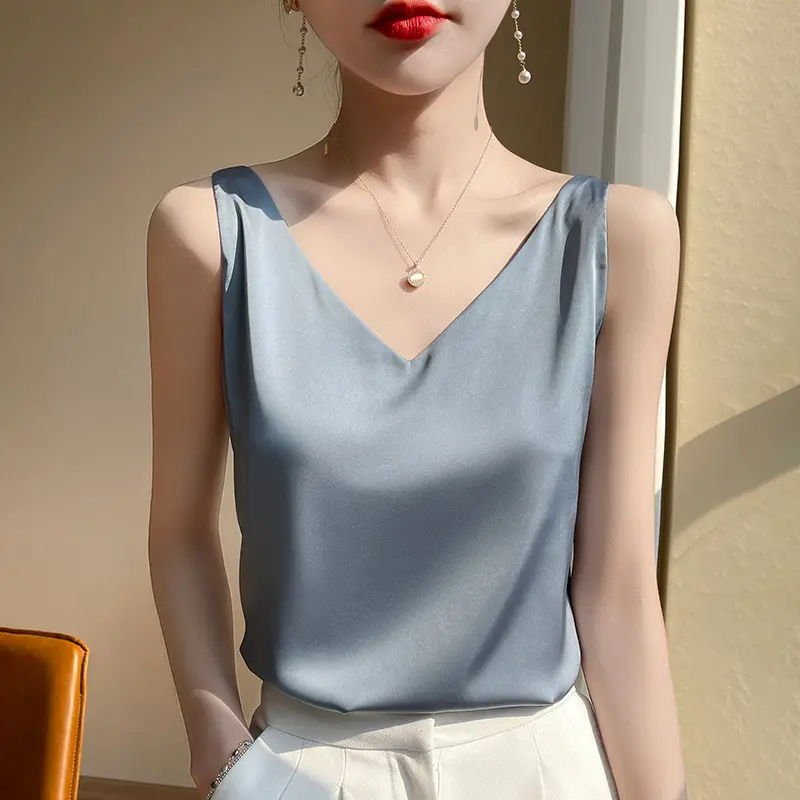 Green V-Neck Camisole with Double Shoulder Strap Acetic Satin - Image 4