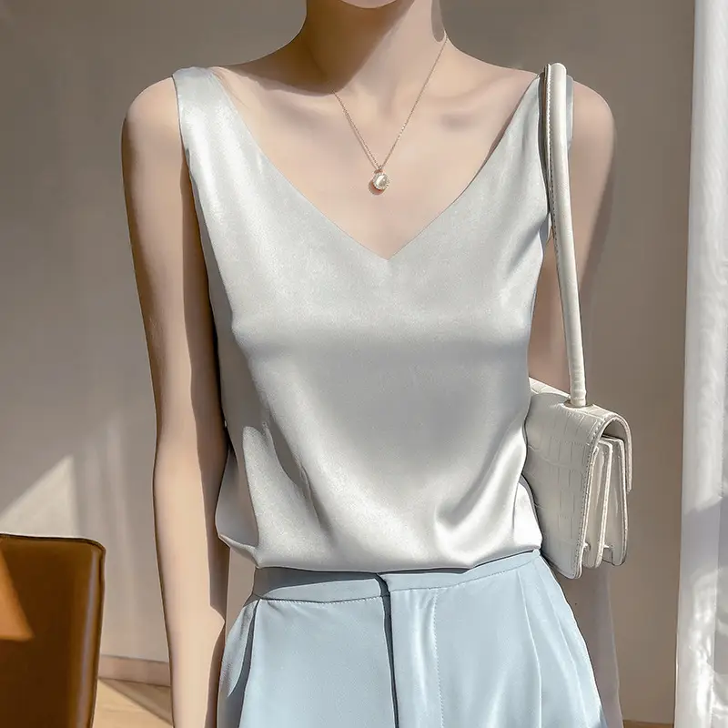Green V-Neck Camisole with Double Shoulder Strap Acetic Satin - Image 5