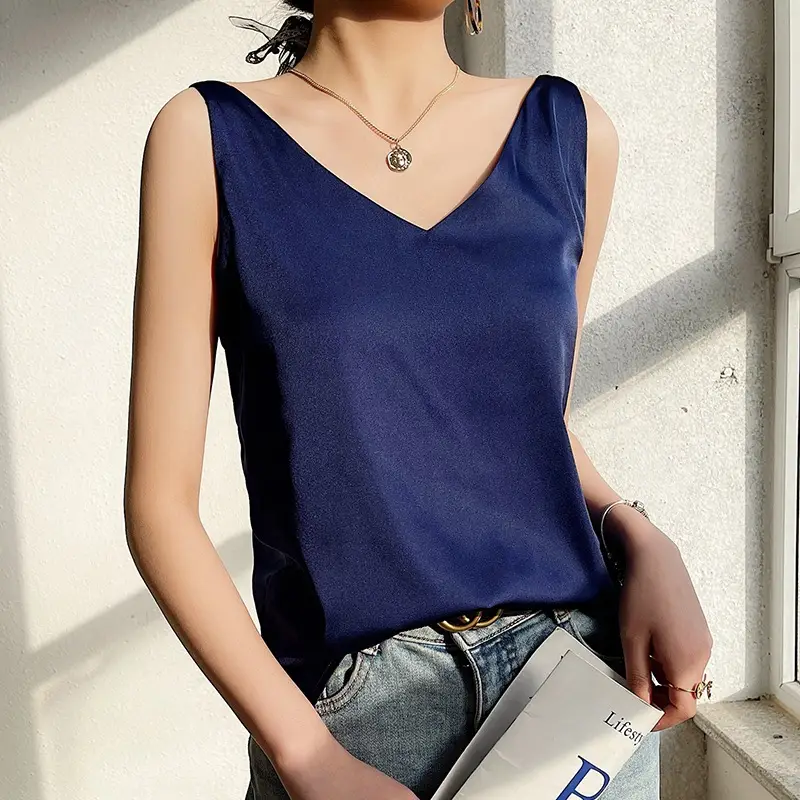 Green V-Neck Camisole with Double Shoulder Strap Acetic Satin - Image 6