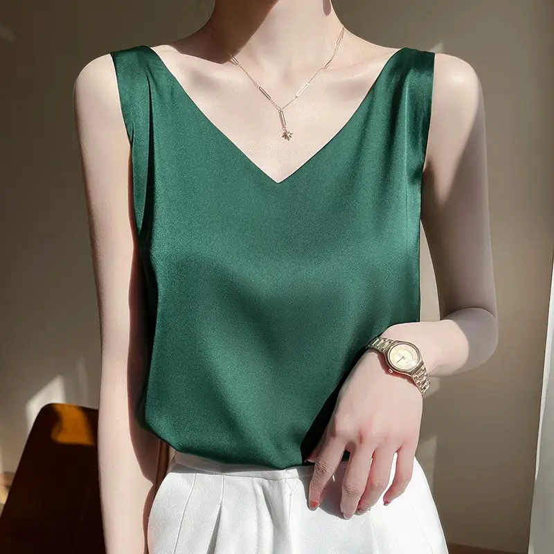 Green V-Neck Camisole with Double Shoulder Strap Acetic Satin - Image 7