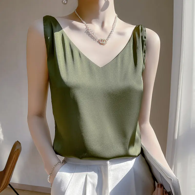 Green V-Neck Camisole with Double Shoulder Strap Acetic Satin - Image 8
