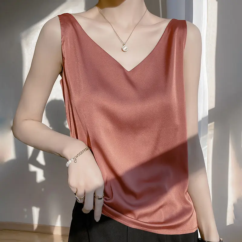 Green V-Neck Camisole with Double Shoulder Strap Acetic Satin - Image 9