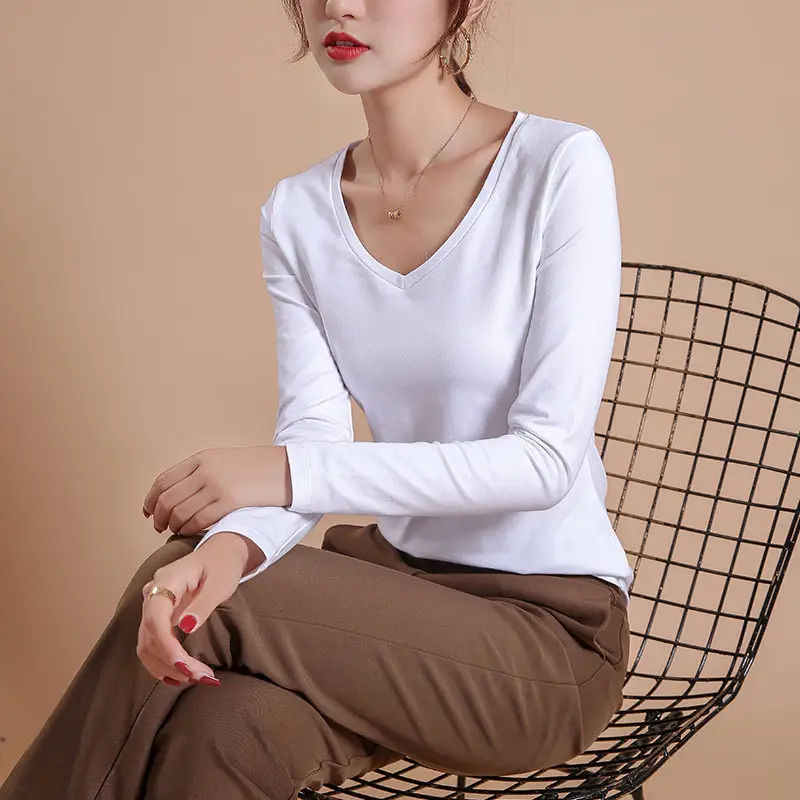 Women V-neck Korean Slim Long Sleeve White Top - Image 3