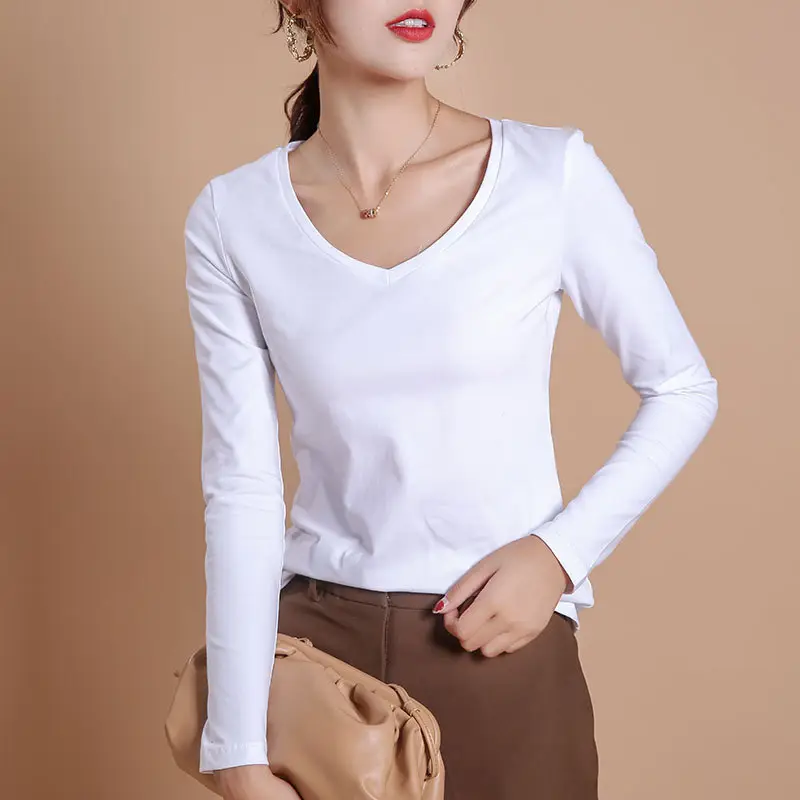 Women V-neck Korean Slim Long Sleeve White Top - Image 4