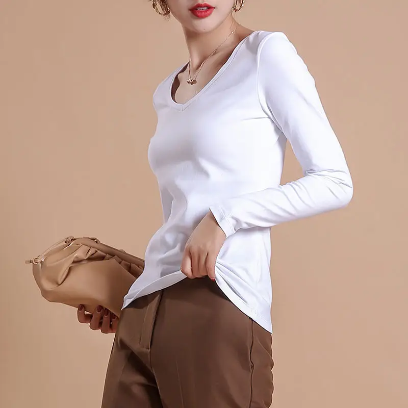 Women V-neck Korean Slim Long Sleeve White Top - Image 5