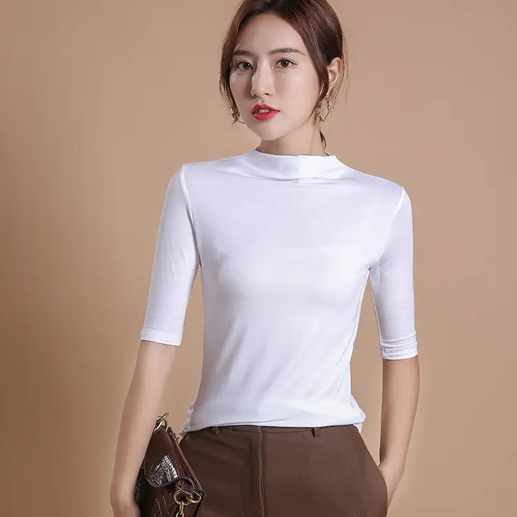 Women's Solid Color Modal T-Shirt Slim Fit Half High Collar - Image 6