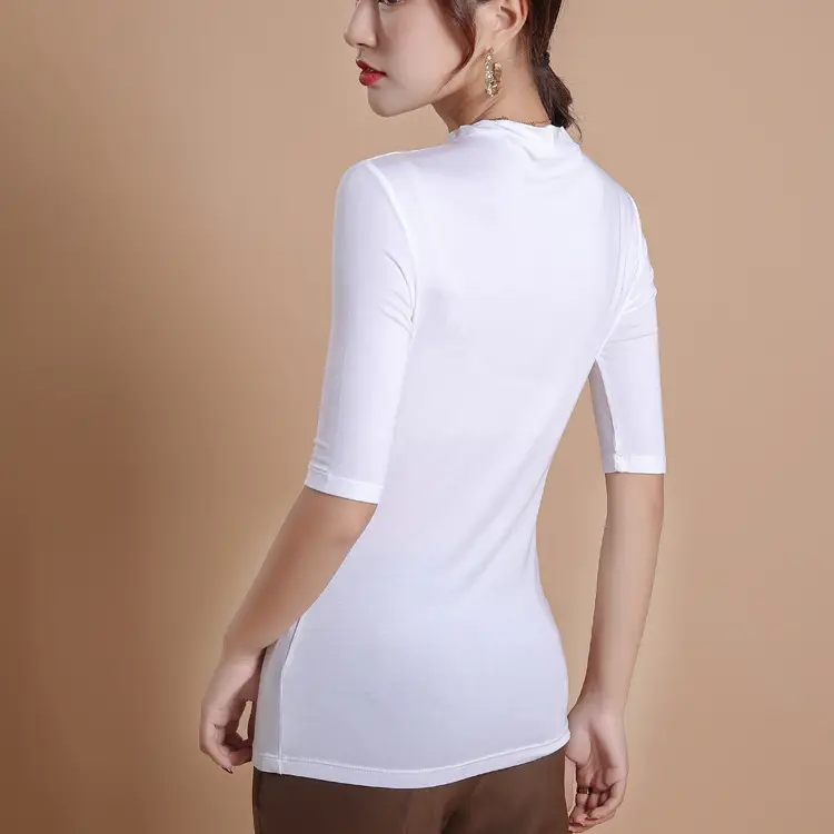 Women's Solid Color Modal T-Shirt Slim Fit Half High Collar - Image 7