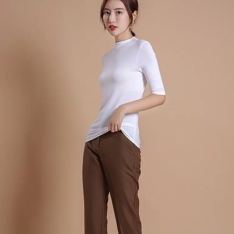 Women's Solid Color Modal T-Shirt Slim Fit Half High Collar - Image 8