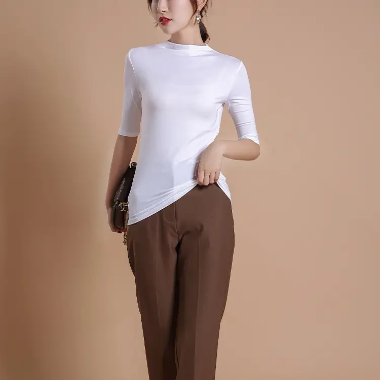 Women's Solid Color Modal T-Shirt Slim Fit Half High Collar - Image 9