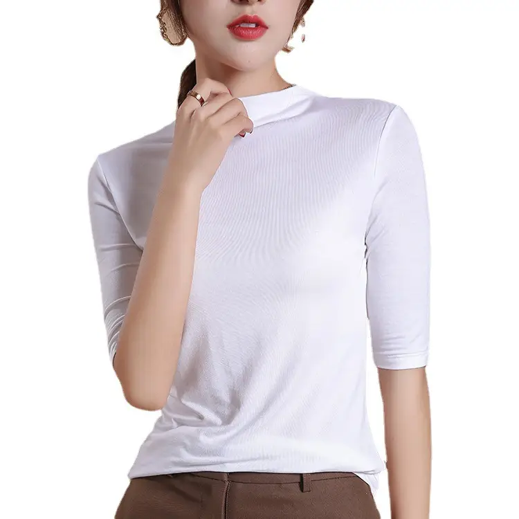 Women's Solid Color Modal T-Shirt Slim Fit Half High Collar - Image 10