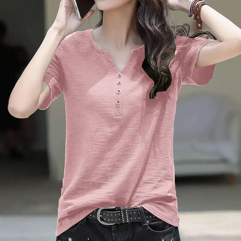 Women Black V-Neck T-Shirt Loose Cotton 2022 - Image 11