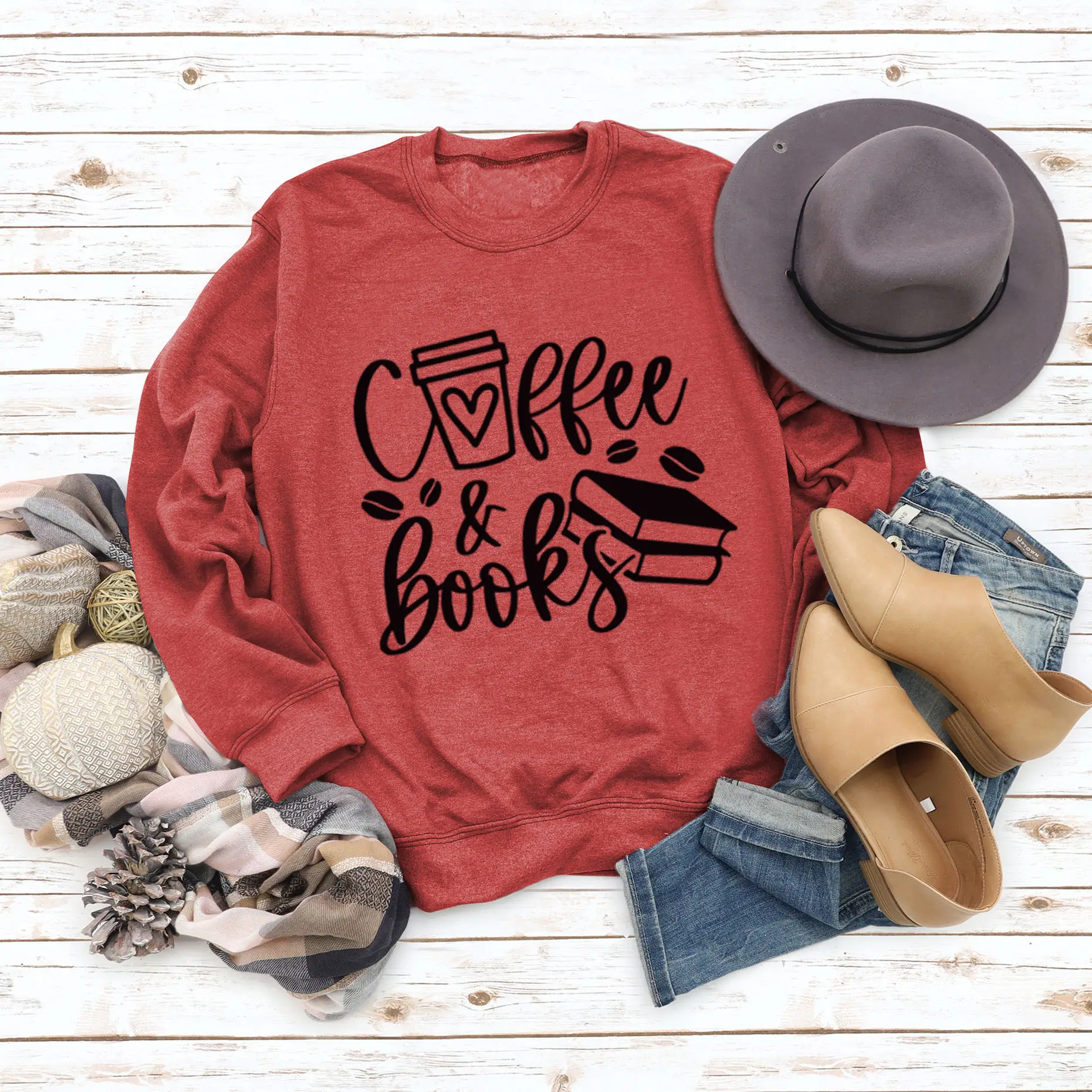 Women Coffee & Books Sweatshirt Grey Large - Image 11
