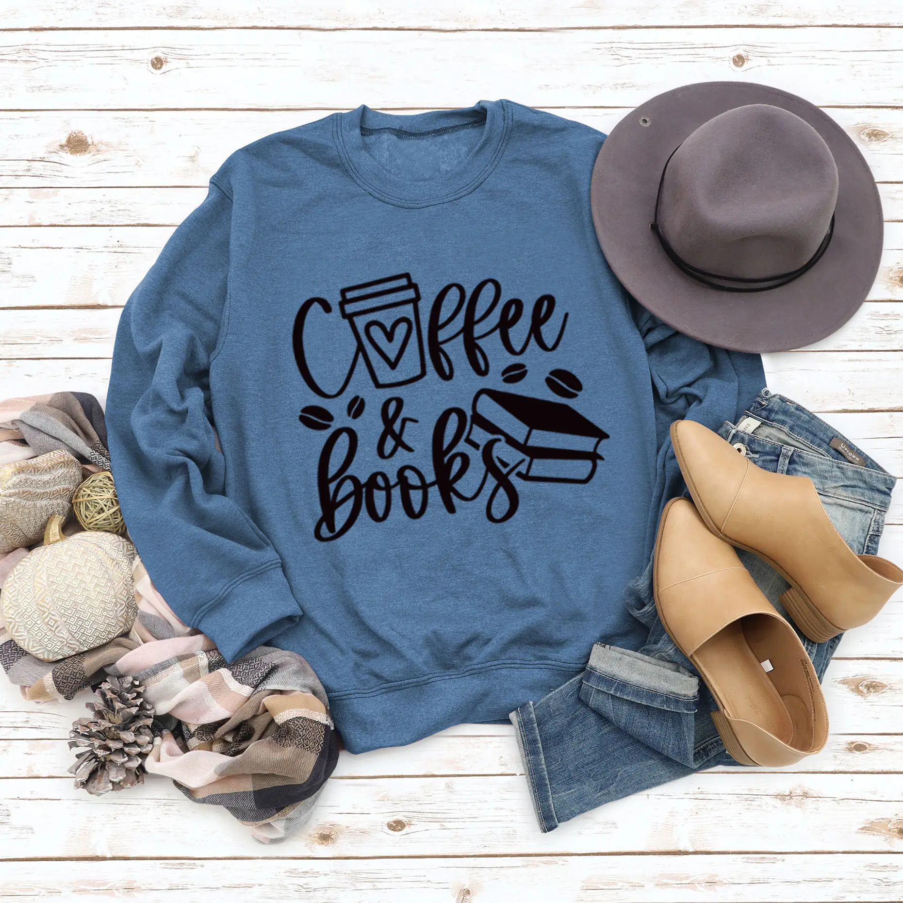Women Coffee & Books Sweatshirt Grey Large - Image 13