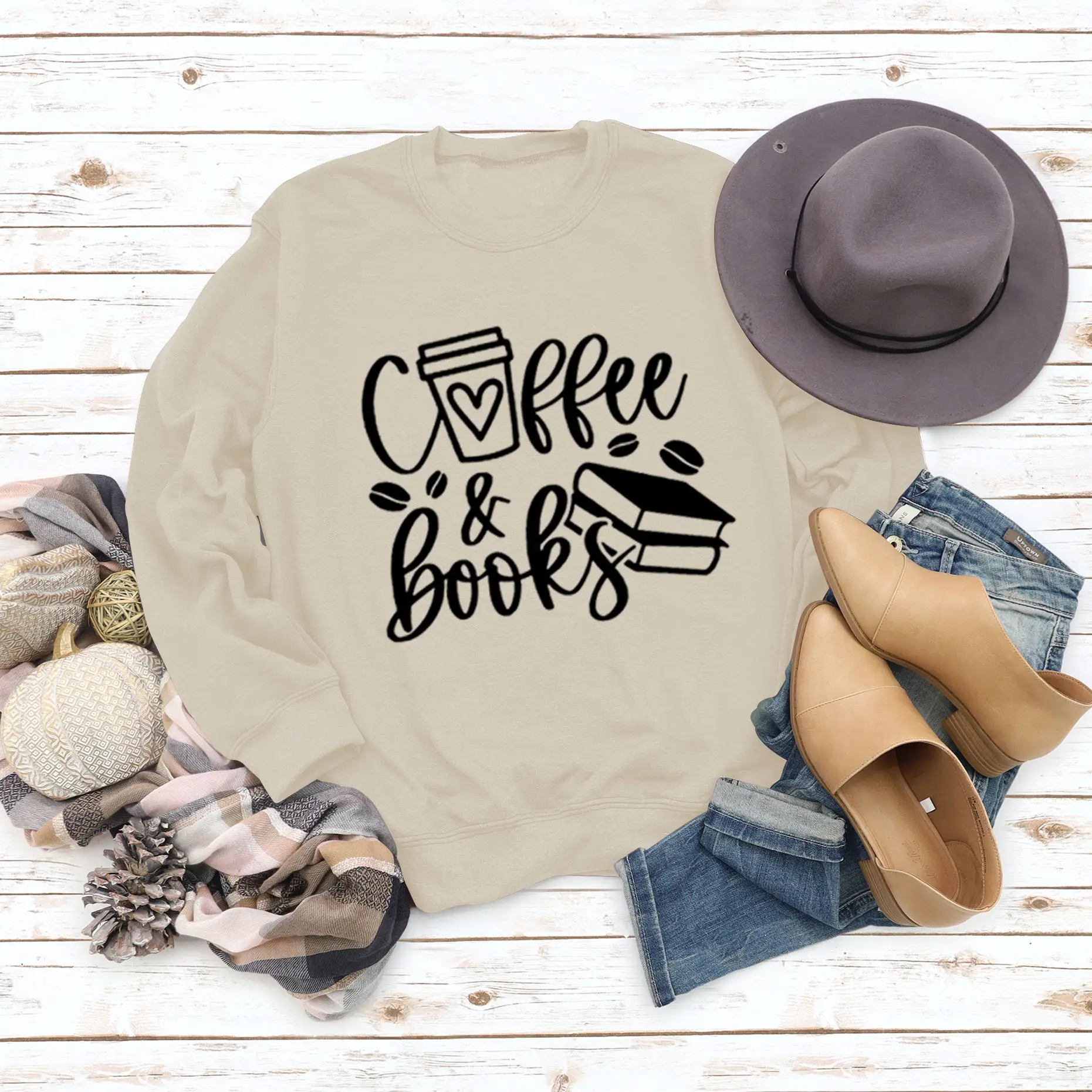 Women Coffee & Books Sweatshirt Grey Large - Image 14